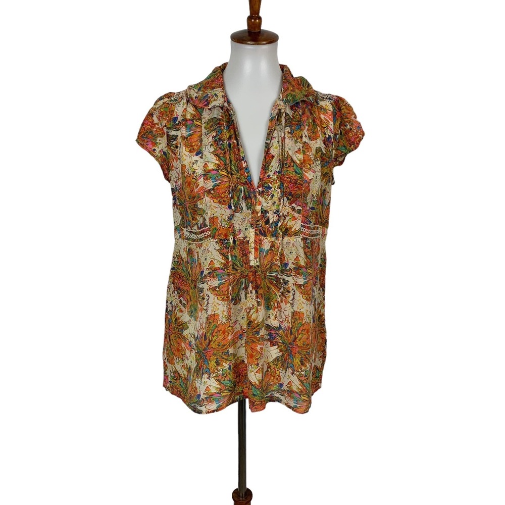 Appareline Silk Bright Floral Top Abstract Print Cap Sleeve Medium